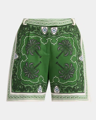 La Doublej Foulard Pleated Boyfriend Shorts In Green