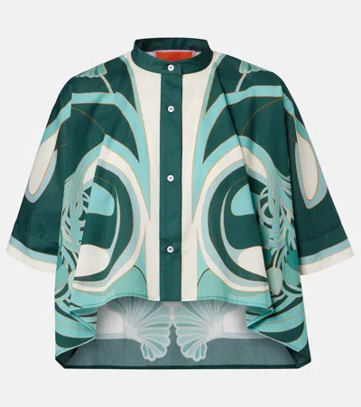 La Doublej Foulard Printed Cropped Cotton Muslin Shirt In Green