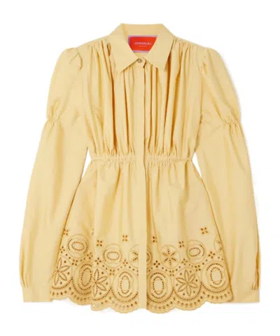 La Doublej Franca Gathered Broderie Anglaise Cotton-blend Sateen Shirt In Yellow