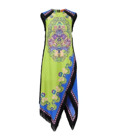 La Doublej Fringed Asymmetric Printed Silk Midi Dress In Green