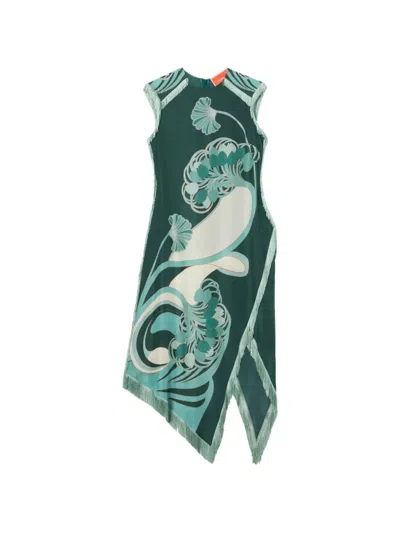 La Doublej Fringed Floral Dress In Green