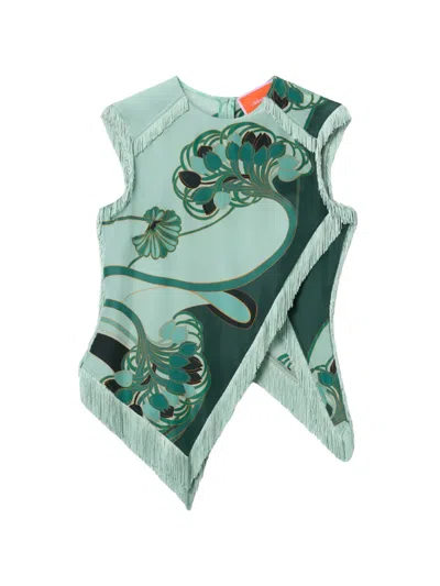 La Doublej Fringed Floral Top In Green