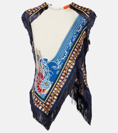 La Doublej Fringed Asymmetric Printed Silk-twill Top In Multi