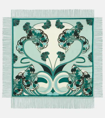 La Doublej Fringed Printed Silk Twill Scarf In Green
