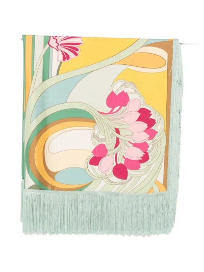 La Doublej Fringed Printed Silk-twill Scarf In Green