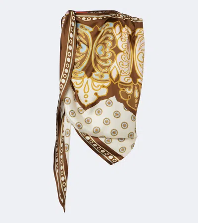 La Doublej Asymmetric Knotted Printed Silk-satin Blouse In Metallic