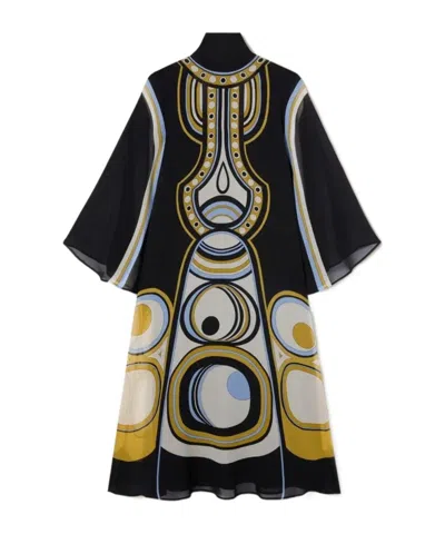 La Doublej Geometric-print Pussy-bow Midi Dress In Multi