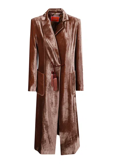 La Doublej Glossy Velvet Duster Coat With Double-breasted Closure And Tailored Silhouette In Brown