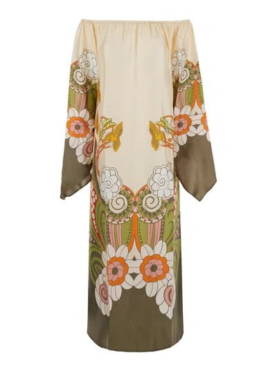 La Doublej Goddess Ambrosia Silk Off-shoulder Long Dress With Draped Sleeves In Neutral