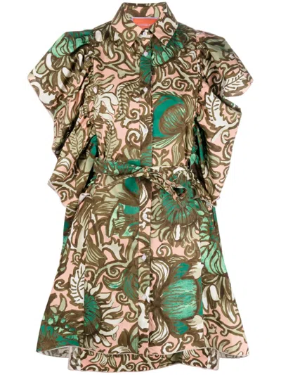 La Doublej Graphic-print Ruffle-detail Dress In Grün