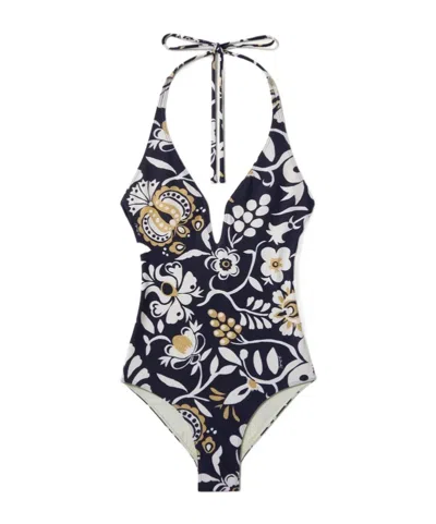 La Doublej Halter-neck Floral Swimsuit In Black