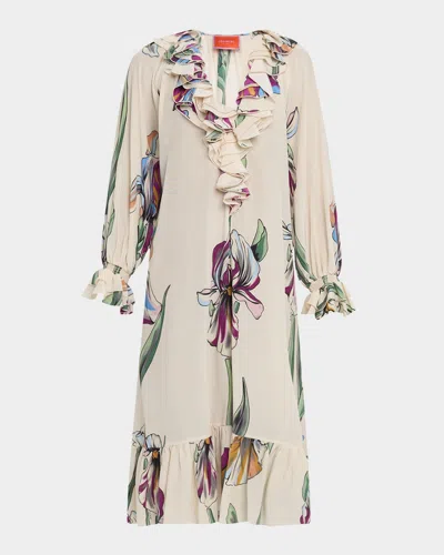 La Doublej Hey Jude Floral Ruffle Long-sleeve Midi Dress In Iris Ivory