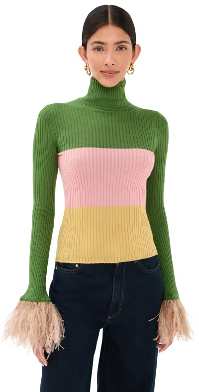 La Doublej High Kick Cashmere And Feather Top Military Green/pink/mustard