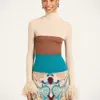 La Doublej High Knick Top With Feathers In Color Block Ecru, Tobacco, And Light Blue