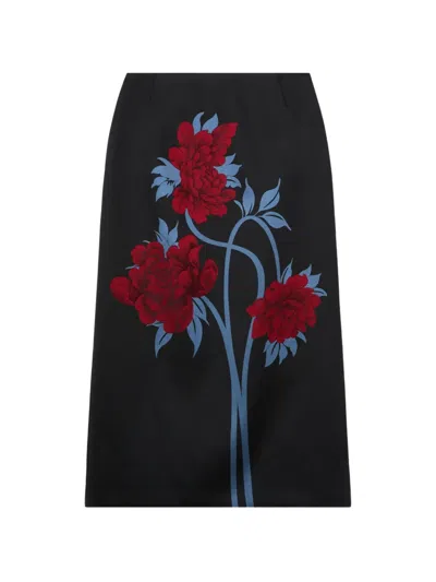 La Doublej Floral-print Twill Midi Skirt In Black