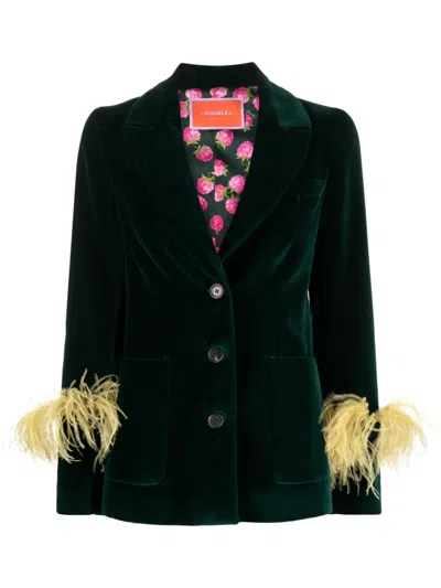 La Doublej Cotton Keaton Feather-trimmed Blazer In Blue_petrol