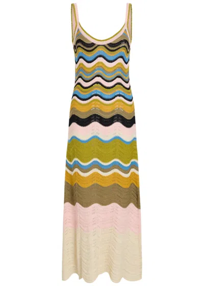 La Doublej La Double J Chevron Pointelle-knit Cotton Midi Dress In Multi