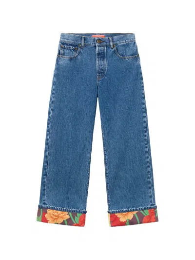 La Doublej Floral Cuff Embroidered Jeans In Blue