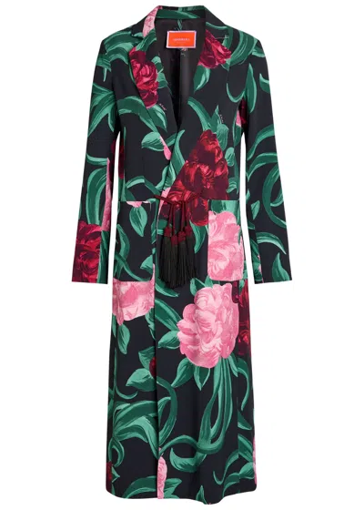 La Doublej La Double J Duster Floral-print Sablé Satin Coat In Green