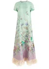 La Doublej Swing Green Midi Dress With Feathered Hem And All-over Floral Print In Silk Woman