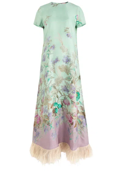 La Doublej Feather-trimmed Floral-print Silk-twill Maxi Dress In Green