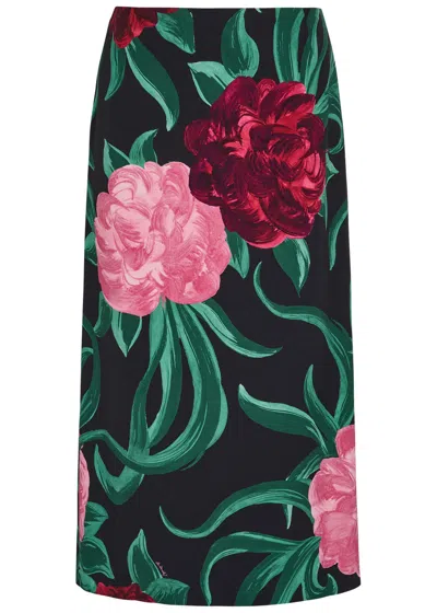 La Doublej La Double J Floral-print Crepe Midi Pencil Skirt In Black