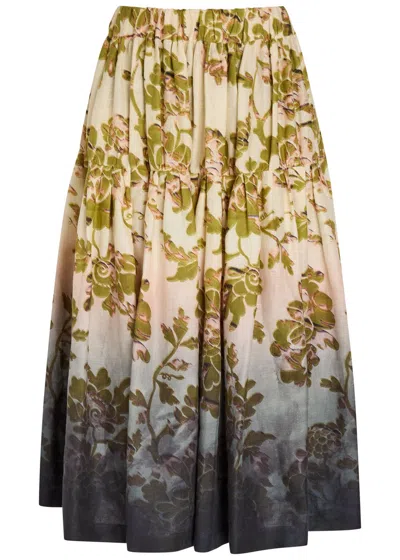 La Doublej La Double J Gala Floral-print Linen Midi Skirt In Black