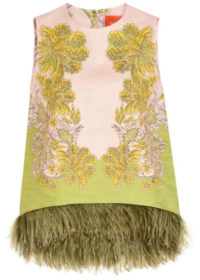 La Doublej La Double J La Scala Feather-trim Woven Top In Pink