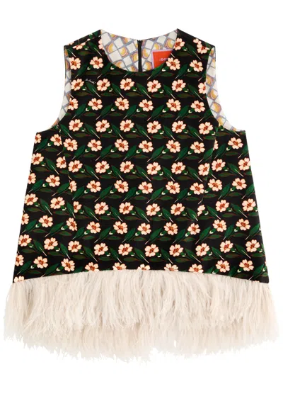 LA DOUBLEJ LA DOUBLE J LA SCALA FLORAL FEATHER-TRIMMED VELVET TOP