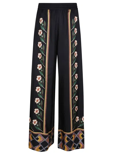 La Doublej La Double J Wide-leg Multicolor Silk Trousers With Floral In Black