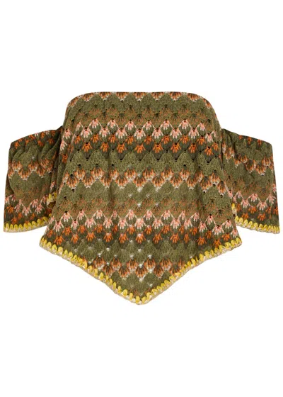 La Doublej La Double J Sand Dollar Embroidered Open-knit Cotton-blend Top In Green