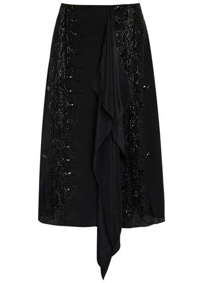 La Doublej La Double J Scarf Bead Embellished Satin Midi Skirt In Black