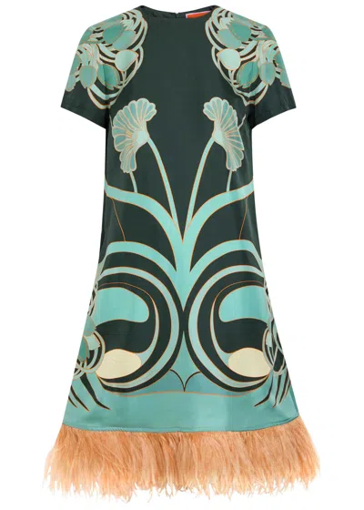 La Doublej La Double J Swing Feather-embellished Silk Midi Dress In Multi