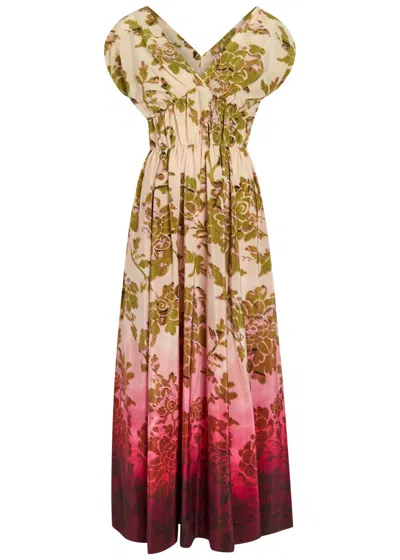 La Doublej La Double J Waldorf Printed Smocked Silk Midi Dress In Green