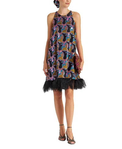 LA DOUBLEJ LA DOUBLEJ LA FENICE MINI DRESS IN SPRITZ BLUE PETRO WITH FEATHERS