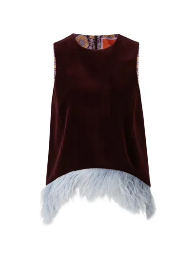 La Doublej La Scala Feather-trim Velvet Top In Brown