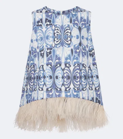 La Doublej La Scala Feather-trimmed Cotton Top In Blue