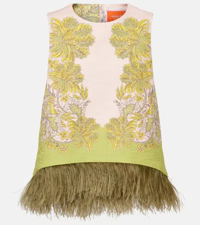 La Doublej La Scala Printed Feather-trimmed Cotton-blend Top In Green