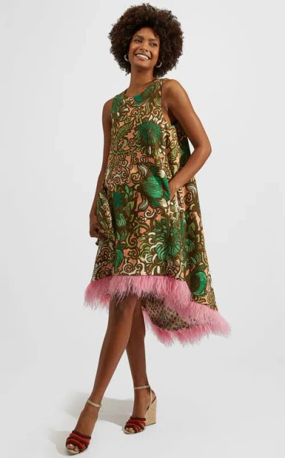 La Doublej La Scala High Dress With Feathers Anemone Pink Olive