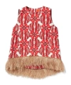 La Doublej Icon La Scala Feather-trimmed Printed Stretch-cotton Tweed Top In Red