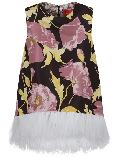 La Doublej La Double J Floral Print Top With Feather Trim In Sylph