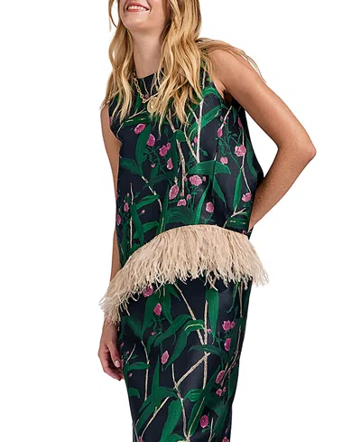 La Doublej La Scala Top With Feathers Bamboo Jacquard Black In Multi
