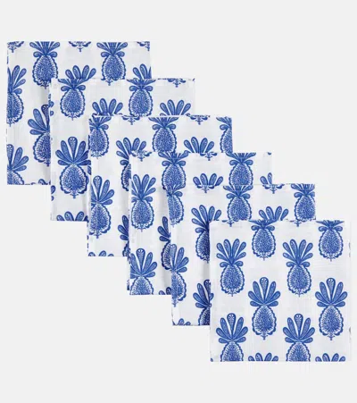 La Doublej Large Set Of 6 Printed Linen Napkins In Blue