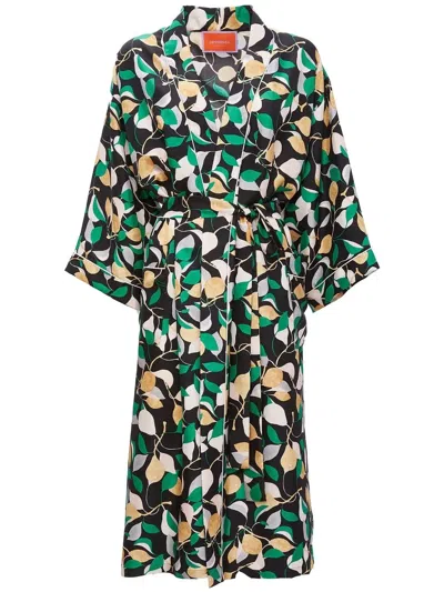 LA DOUBLEJ LEAF PRINT SILK ROBE