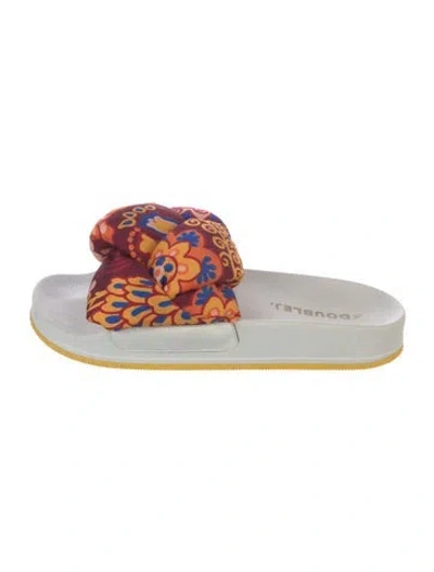 Pre-owned La Doublej Leather Floral Print Slides In White