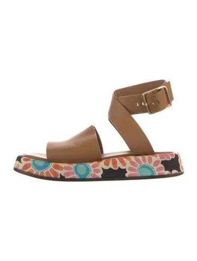 Pre-owned La Doublej Leather Floral Print Slingback Sandals In Brown