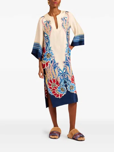 La Doublej The Kaftan Multicolor Silk Kaftan With V Neck And All-over Floral Print Woman In White