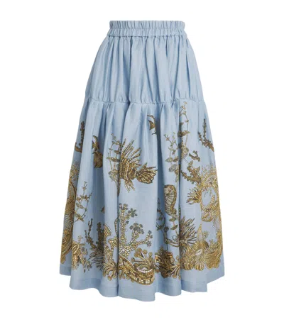 La Doublej Linen Gala Tiered Midi Skirt In Blue