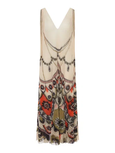 La Doublej Long Pleated Dress With Ornamental Print In Multi