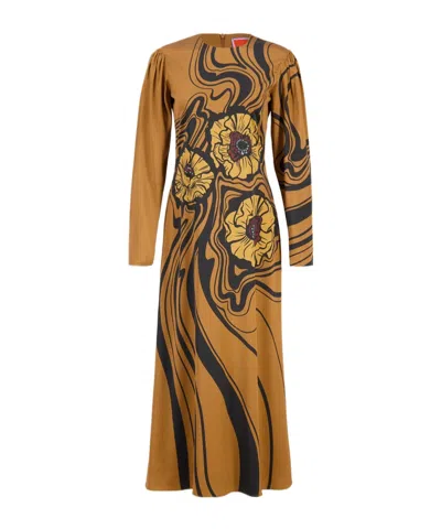 La Doublej Clingy Swing Satin Stretch Big Blooms Placee Dress In Brown